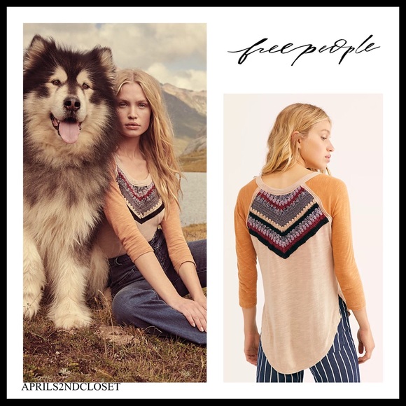 FREE PEOPLE BOHO TEE KNIT PULLOVER CROCHET TOP A2C - Picture 4 of 13